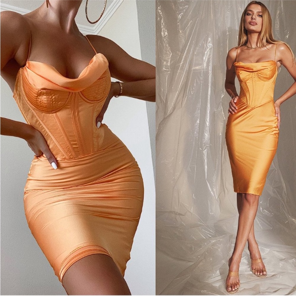 HOUSE OF CB 'Myrna' Tangerine Satin Corset Midi Dress NWOT Size S A-C